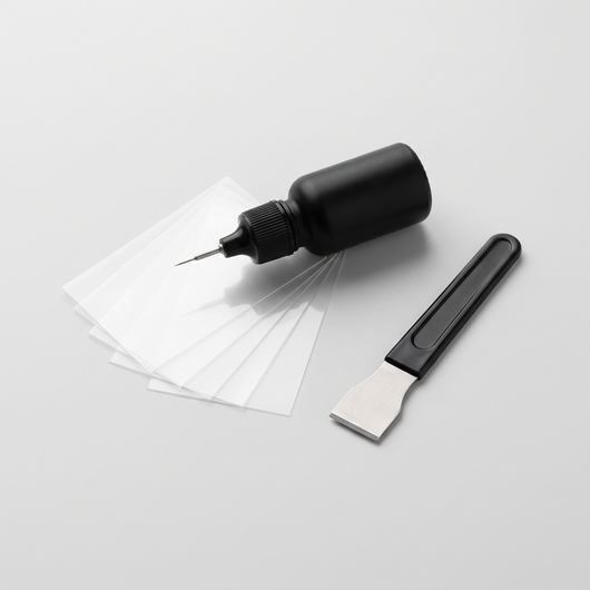 Homvella GlassFix windshield repair kit: resin applicator, curing films and razor blade